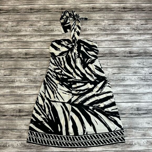 Apt 9 Women's Tropical Palm Fran Tie Halter Mini Dress M Med Medium Black Ivory - Picture 3 of 12